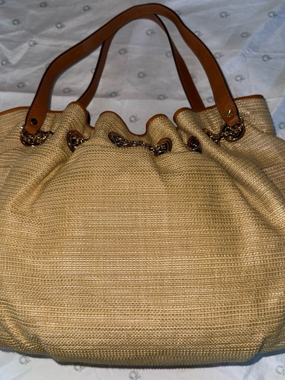 Michael Kors Straw-Style Drawstring Shoulder Bag in Beige with Tan Straps - Picture 2 of 8